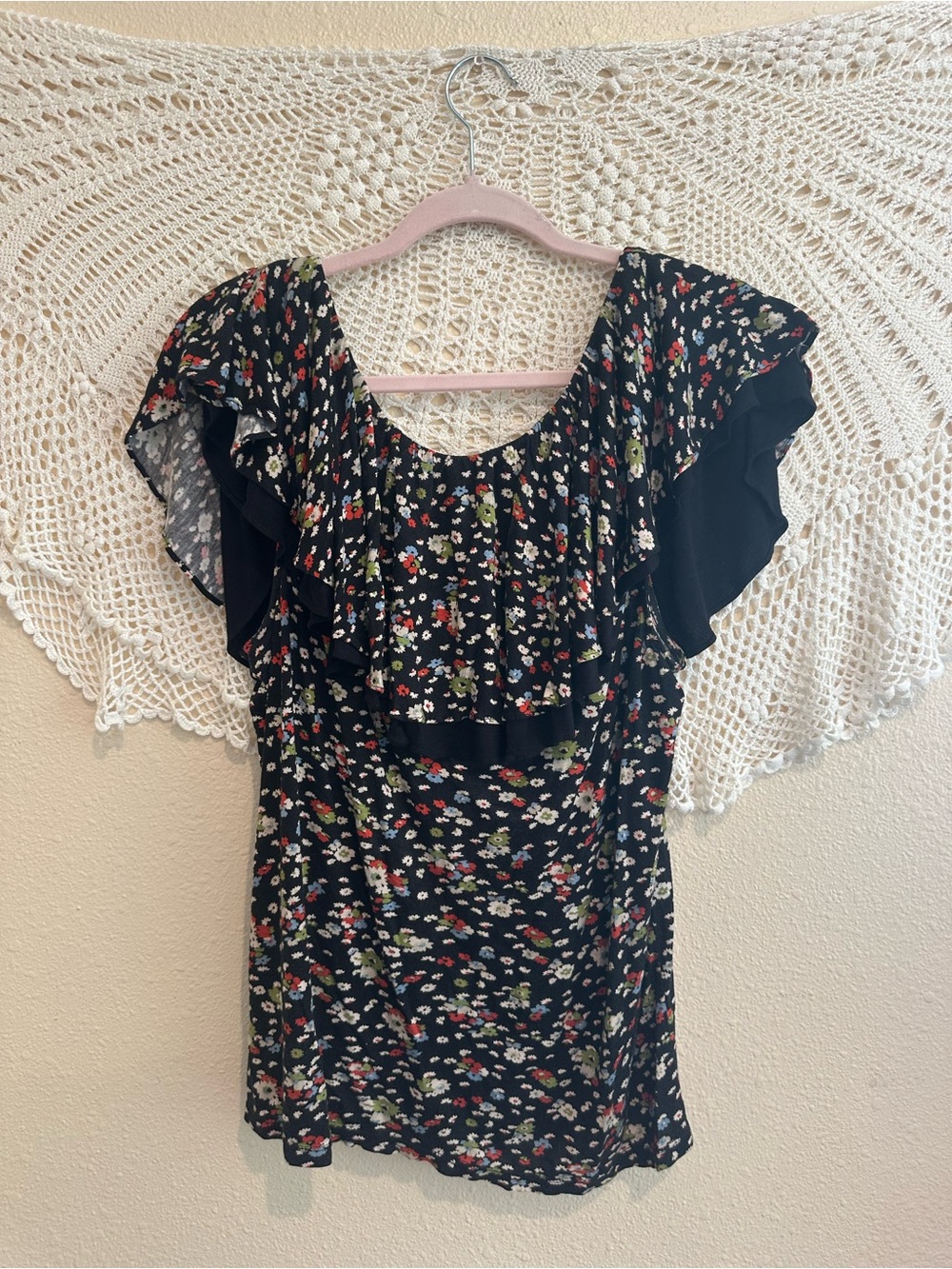Rio Rao Floral Ruffle Flutter Sleeve Top L Black